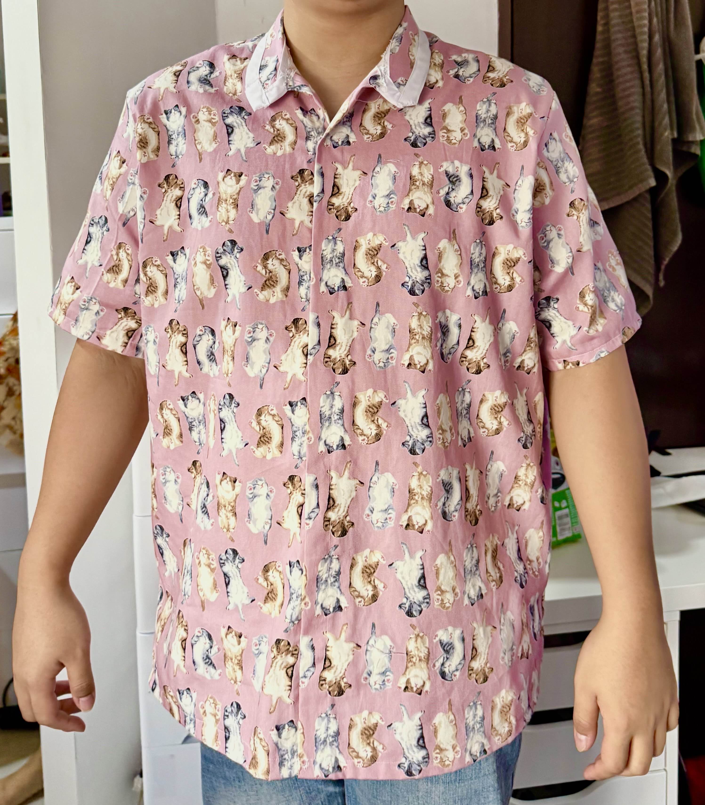 Pink button-up shirt with adorable cat print pattern